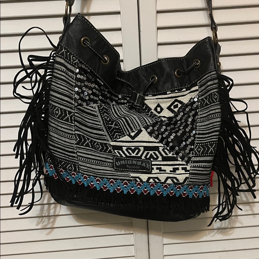 UNIONBAY Black and White Patterned Shoulder Bag with Fringe